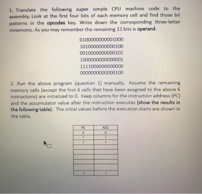  1. Translate the following super simple CPU machine code to the