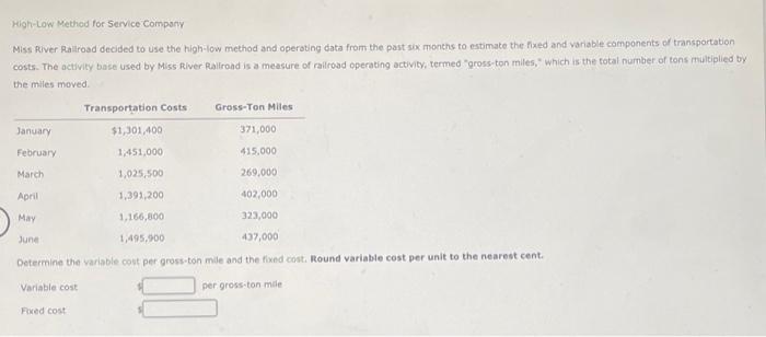  High-Low Method for Service Compsry Miss River Ralload decided to use