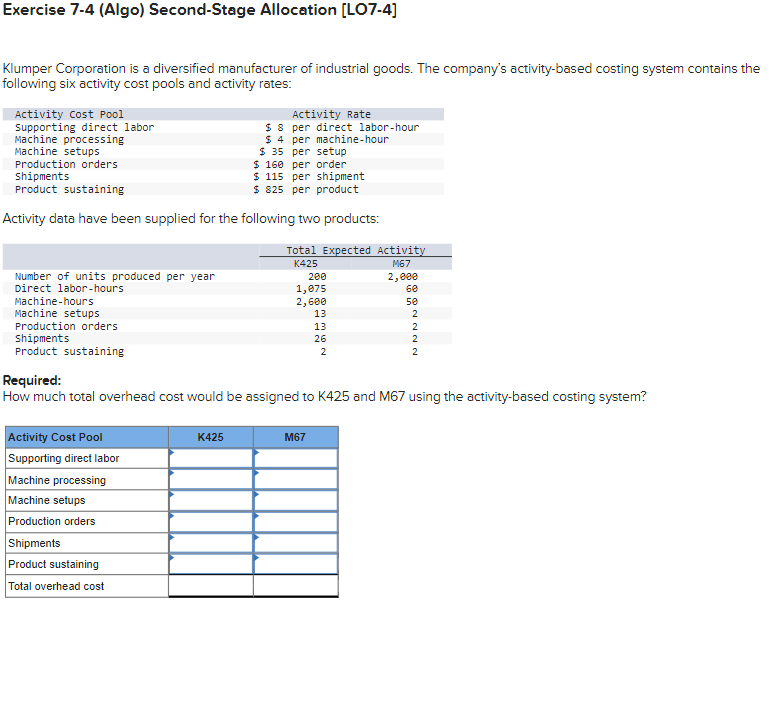  Exercise 7-4(Algo) Second-Stage Allocation [LO7-4] Klumper Corporation is a diversified manufacturer