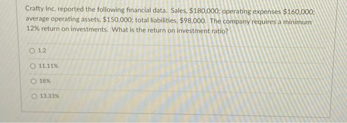 please answer all Crafty Inc. reported the following financial data. Sales, $180,000;