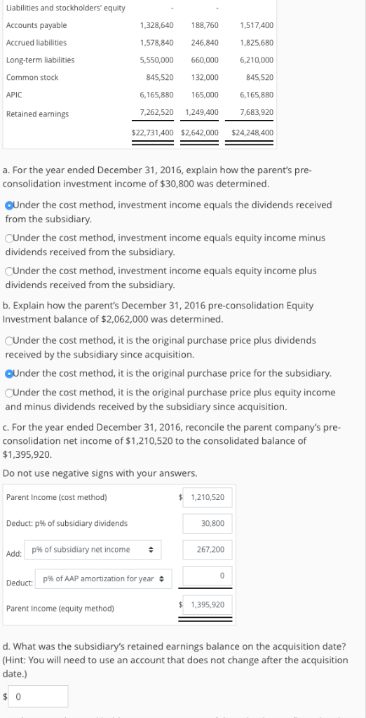 entries from consolidated financial statements- Cost method Assume a parent company acquired