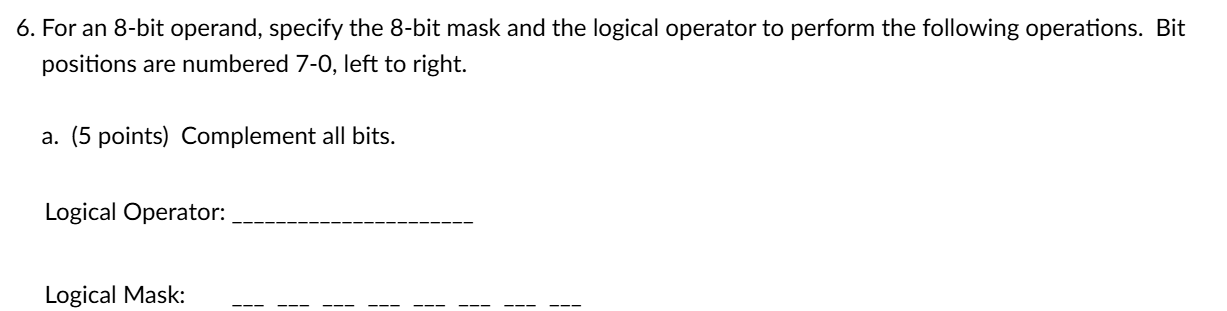  b.(5 points) Set bits 7,6,5, and 4 to 1. All other