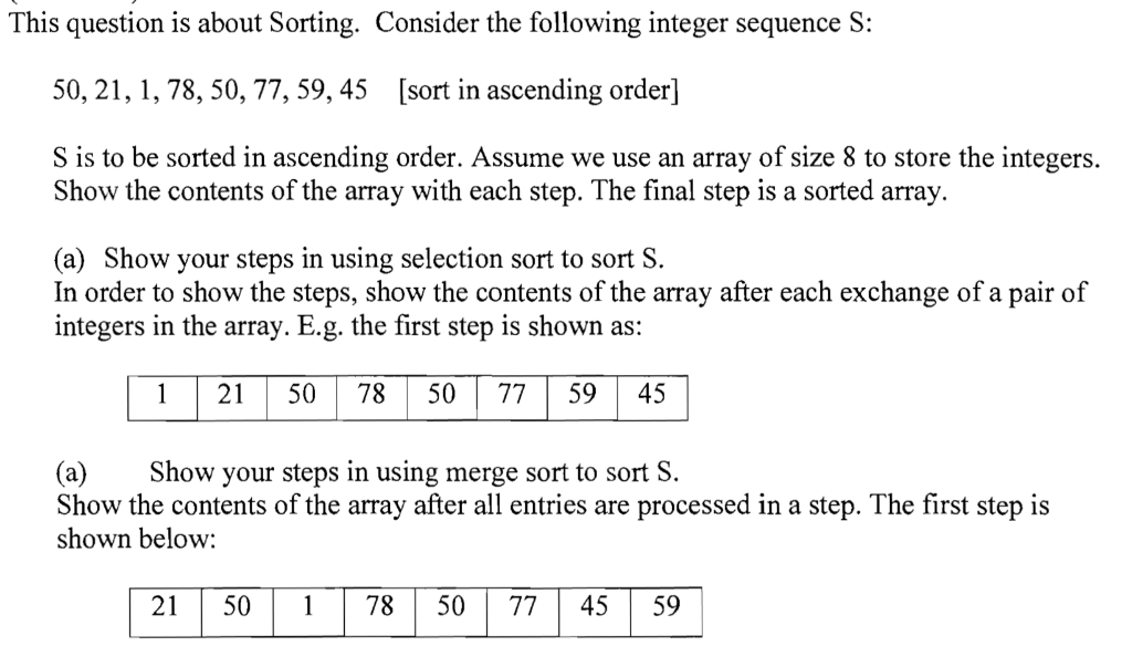 Data structure 14 This question is about Sorting. Consider the following integer