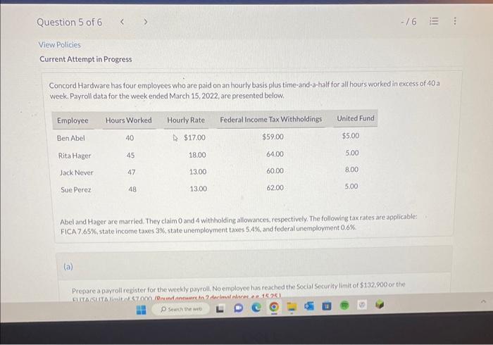 View Policies Current Attempt in Progress Concord Hardware has four employees