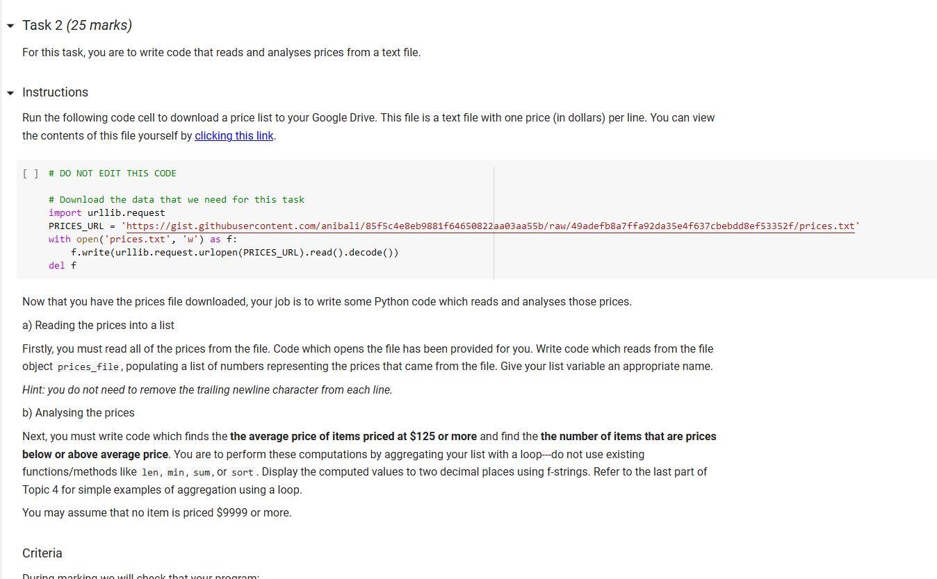 For this task, you are to write code that reads and