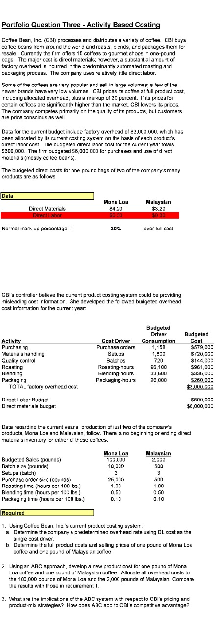  Solve through Excel only please. Portfolio Question Three - Activity Based