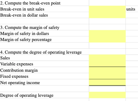 Unit sales 11,200 units Selling price per unit Variable expenses per unit