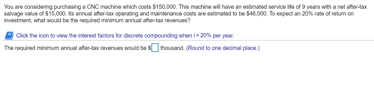 You are considering purchasing a CNC machine which costs $150,000. This
