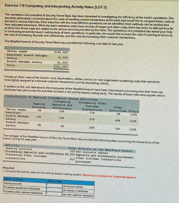  Exercise 7-8 Computing and Interpreting Activity Rates (L07-3] The operations vice