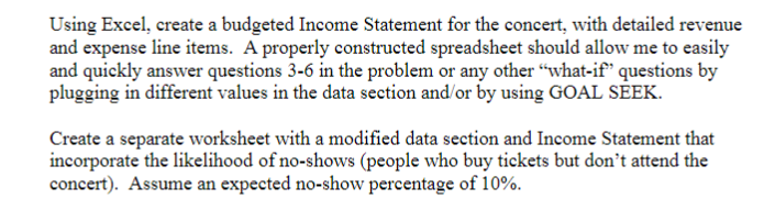  Using Excel, create a budgeted Income Statement for the concert, with