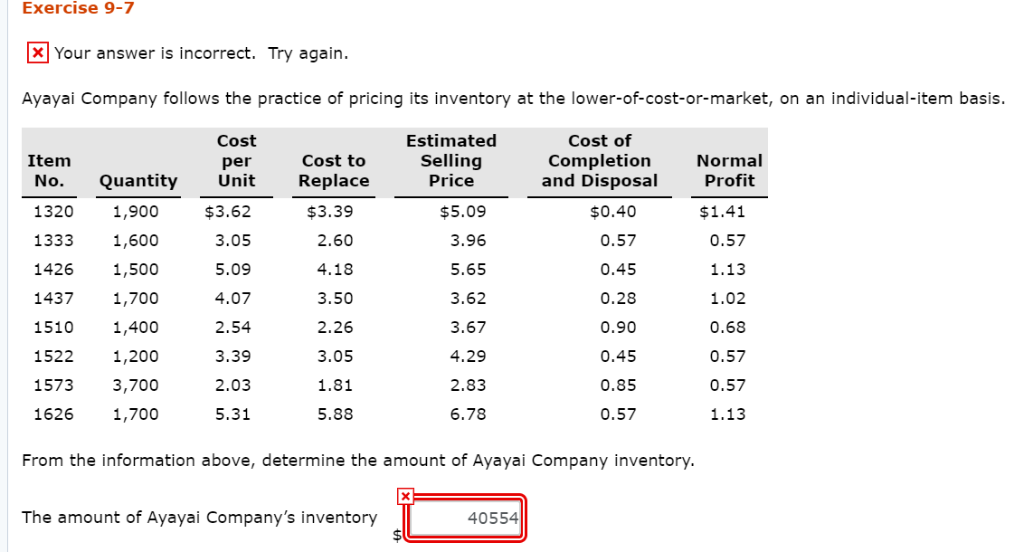  Exercise 9-7 XYour answer is incorrect. Try again Ayayai Company follows