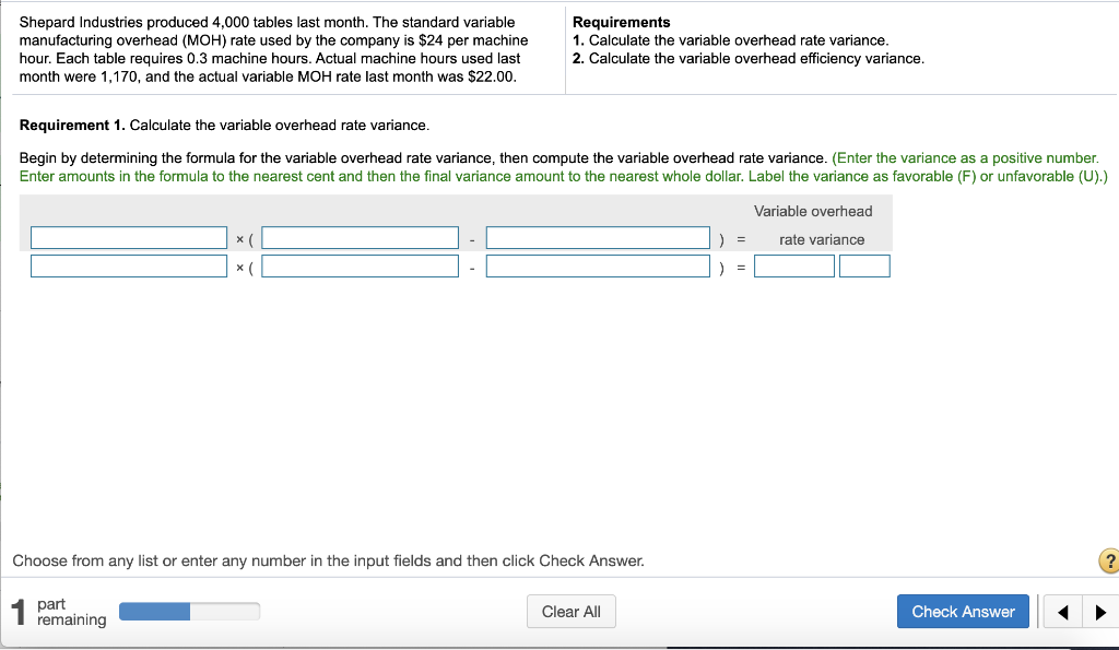 Shepard Industries produced 4,000 tables last month. The standard variable manufacturing