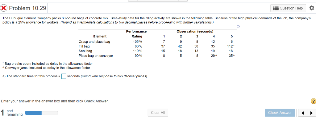 The Dubuque Cement Company packs 80-pound bags of concrete mix. Time-study data