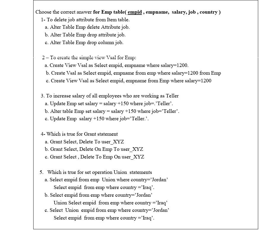  Choose the correct answer for Emp table( empid , empname, salary,
