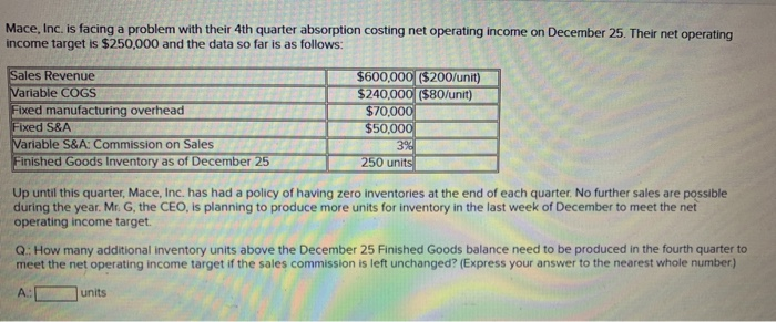  Mace, Inc. is facing a problem with their 4th quarter absorption