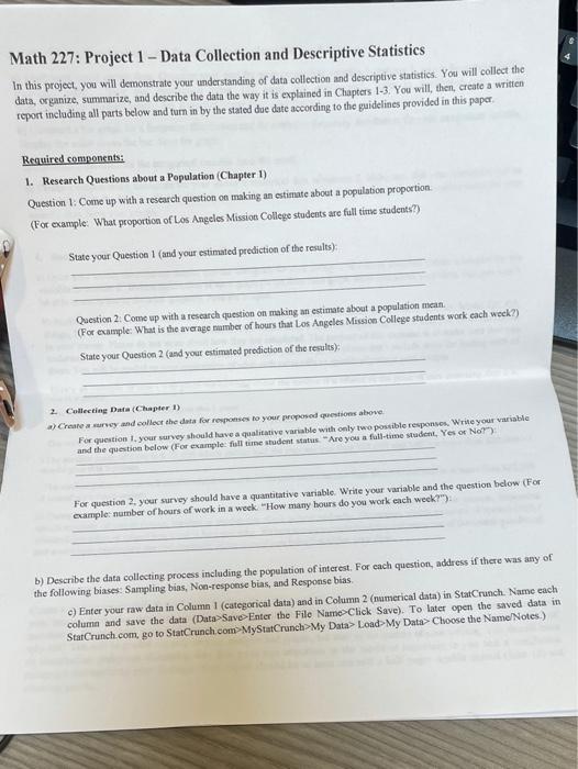  Data Collection & Descriptive Statistics Math 227: Project 1 - Data