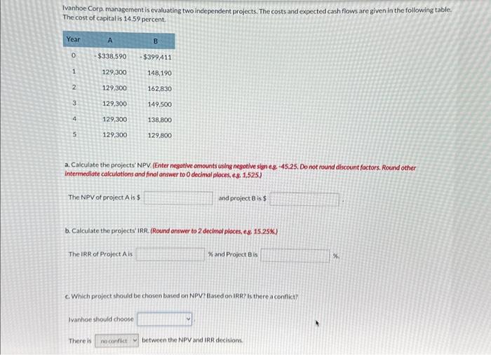  Ivanhoe Corp. management is evaluating two independent projects. The costs and