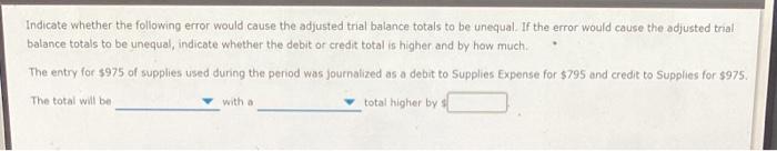  Indicate whether the following error would cause the adjusted trial balance