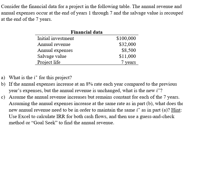 If excel is used, please give equations, will rate! Consider the