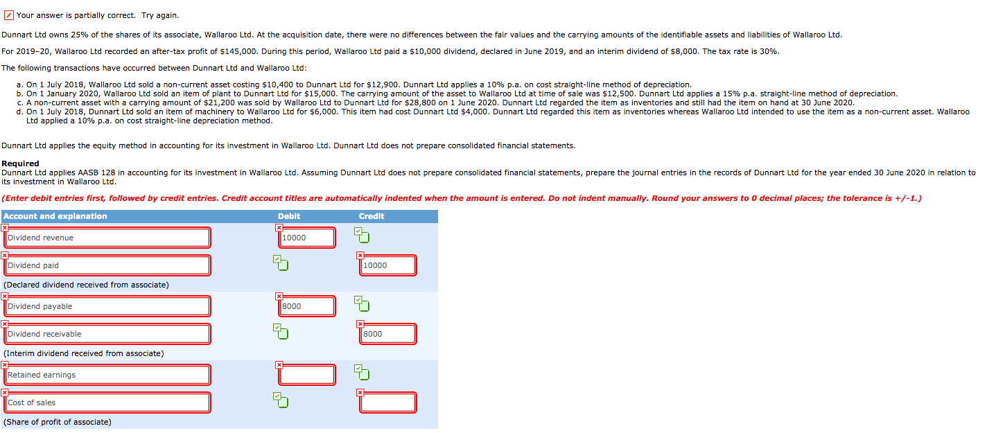 Your answer is partially correct. Try again. Dunnart Ltd owns 25%