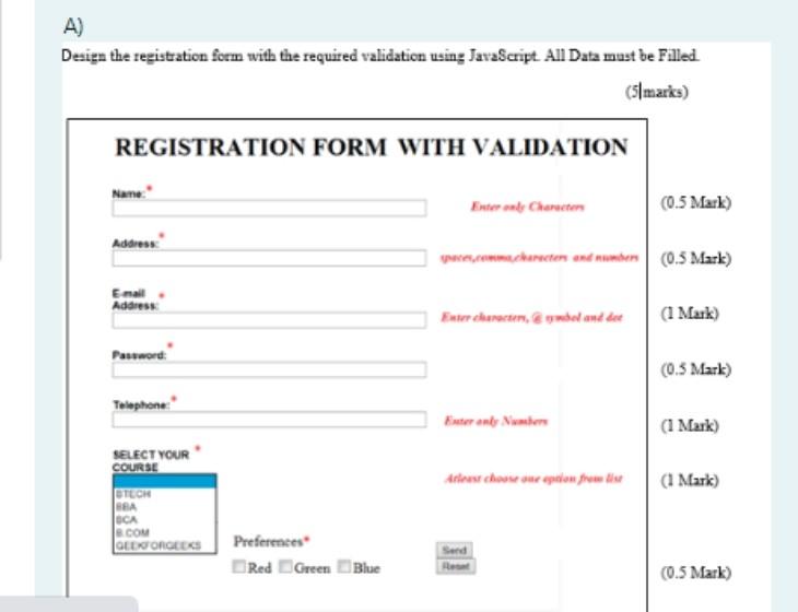 A) Design the registration form with the required validation using JavaScript
