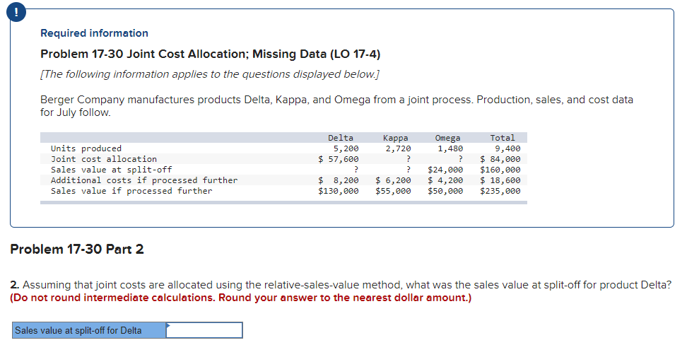  Required information Problem 17-30 Joint Cost Allocation; Missing Data (LO 17-4)