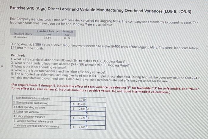  Exercise 9-10 (Algo) Direct Labor and Variable Manufacturing Overhead Variances [LO9-5,