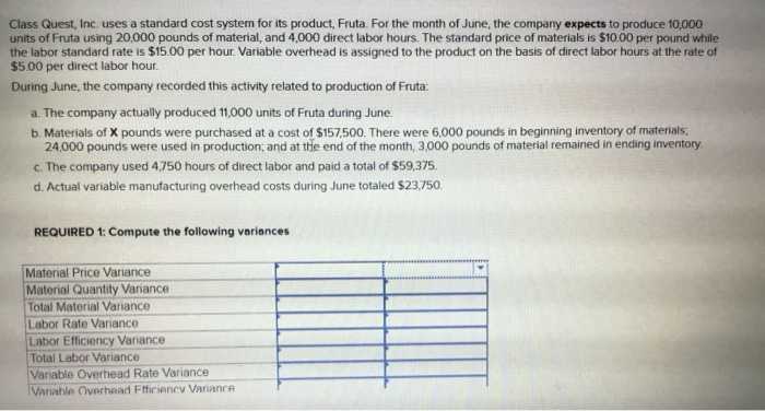  Class Quest, Inc. uses a standard cost system for its product,