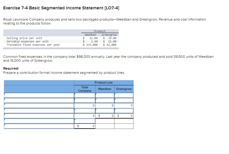  Exercise 7-4 Basic Segmented Income Statement [LO7-4] Royal Lawncare Company produces