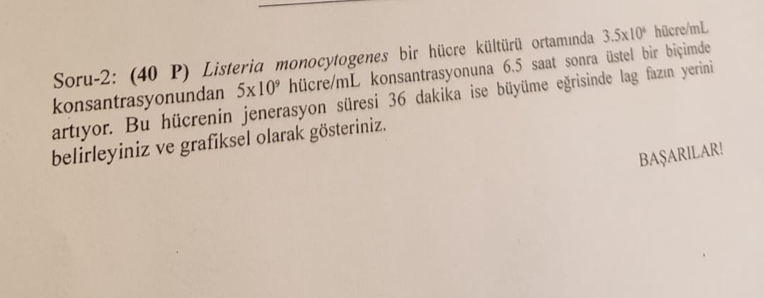  Soru-2: (40 P) Listeria monocytogenes bir hcre kltriu ortamnda 3.510 hcre/mL