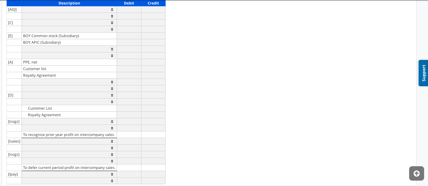 Income statement Parent Subsidiary Debit Credit Consolidated Sales $3,045,000 $560,000 [Isales] Answer