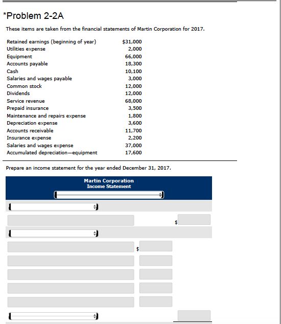  *Problem 2-2A These items are taken from the financial statements of
