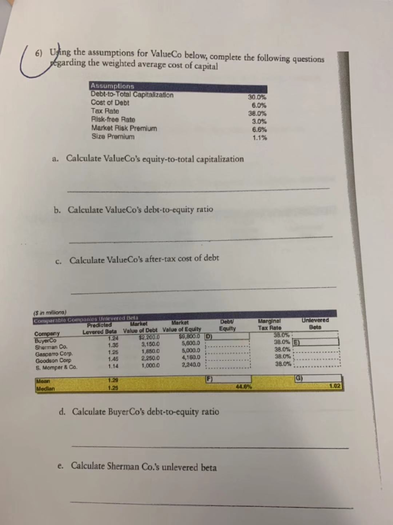 6) Using the assumptions for ValueCo below, complete the following questions