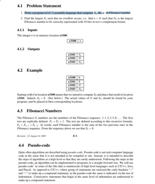  4.1 Problem Statement i write a program inLC3assembly language that compute".the-thiFibonaccinumber