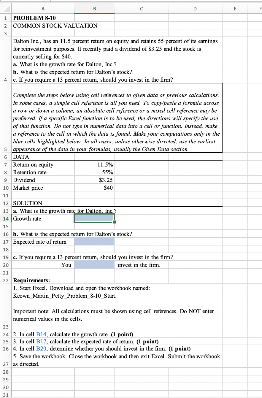COMMON STOCK VALUATION b. What is the expected return for Dalton's stock?