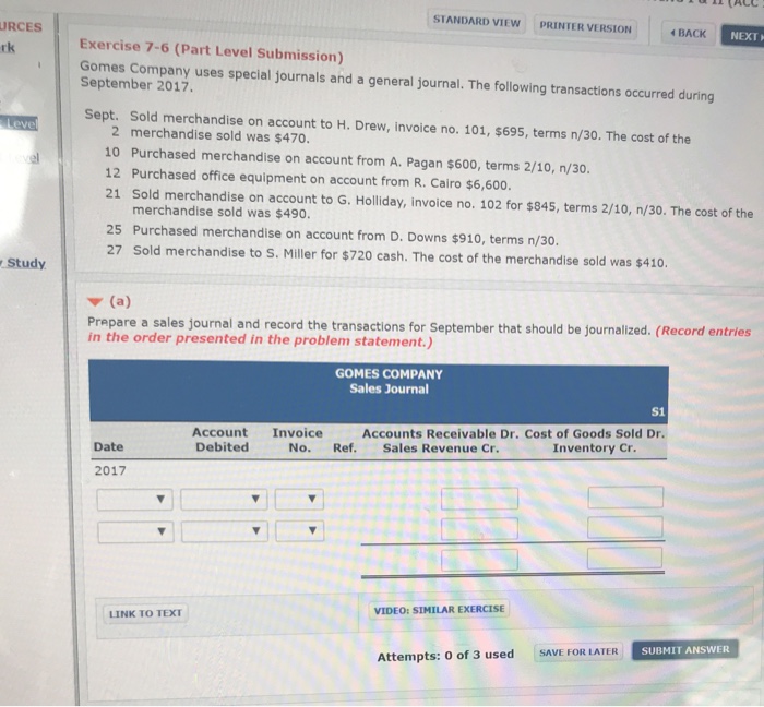  STANDARD VIEW PRINTER VERSION BACK NEXT URCES rk Exercise 7-6 (Part