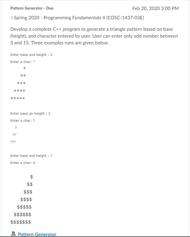  Pattern Generator - Due Feb 20, 2020 3:00 PM Spring 2020
