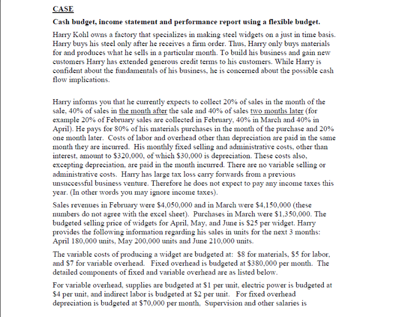 CASE Cash budget, income statement and performance report using a flexible