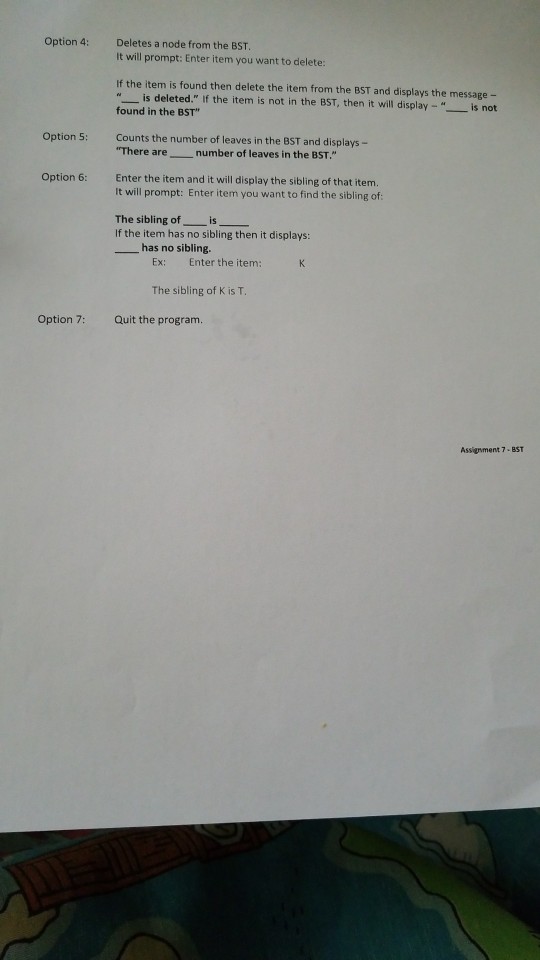 perform these operations: Insert node(s), Traverse Preorder, Search BST, Delete node, Leaf