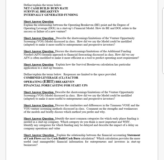  Define explain the terms below NET CASH BUILDI BURN RATE SURVIVAL