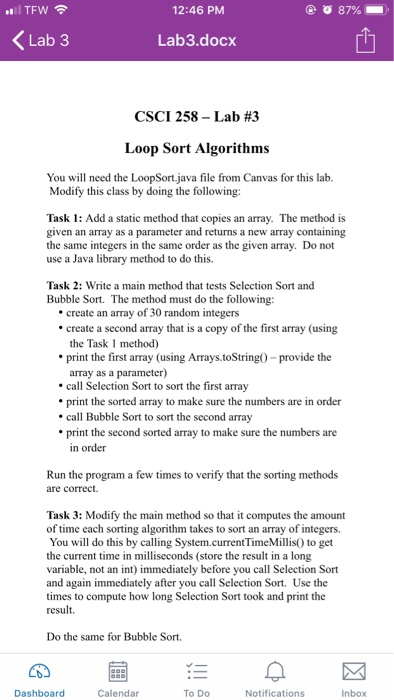  TFW 12:46 PM Lab 3 Lab3.docx CSCI 258-Lab #3 Loop Sort