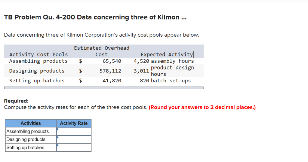 TB Problem Qu. 4-200 Data concerning three of Kilmon.. Data concerning