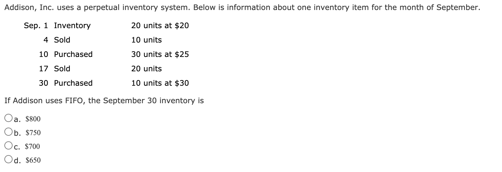 Addison, Inc. uses a perpetual inventory system. Below is information about