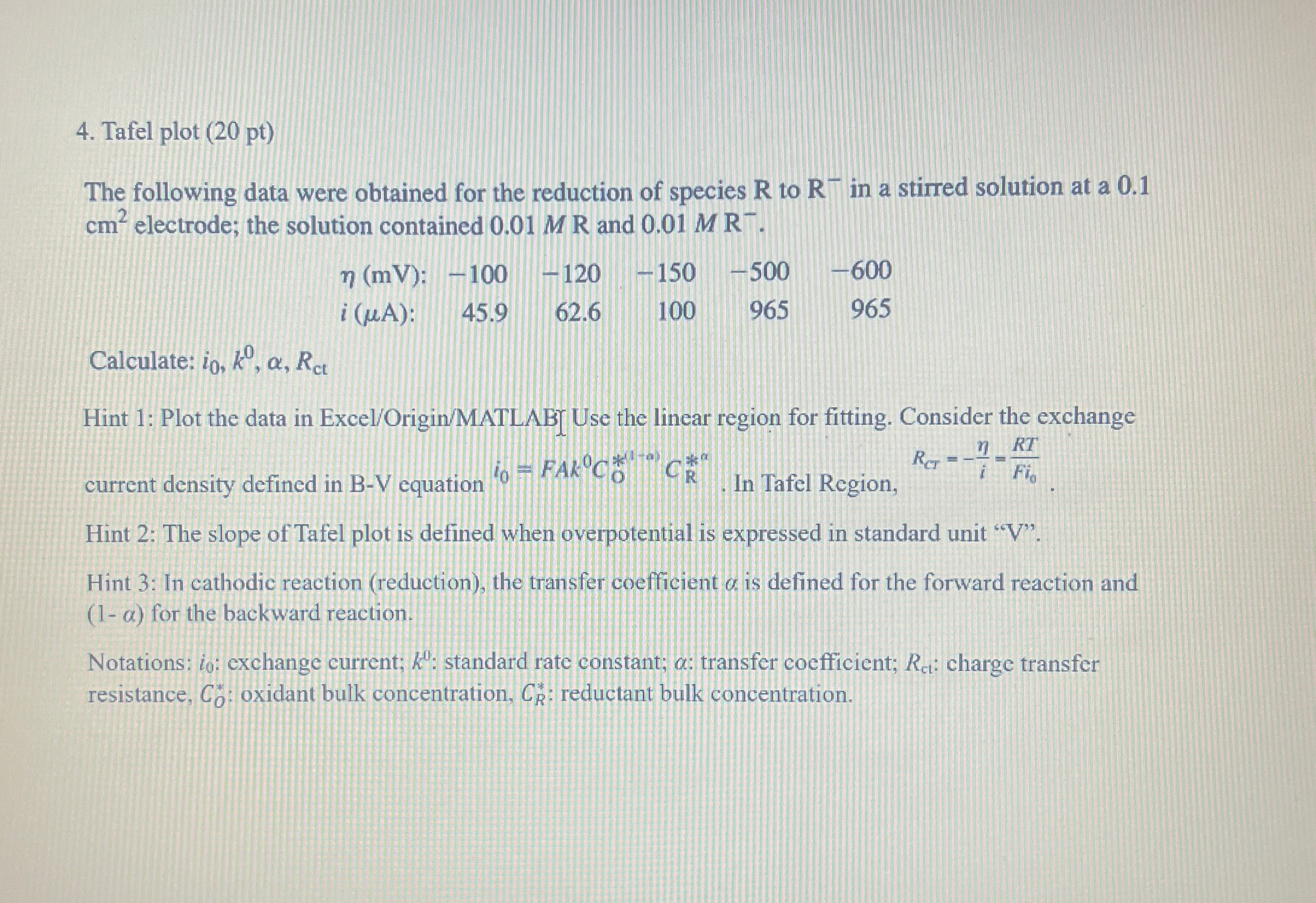  Tafel plot (20pt The following data were obtained for the reduction