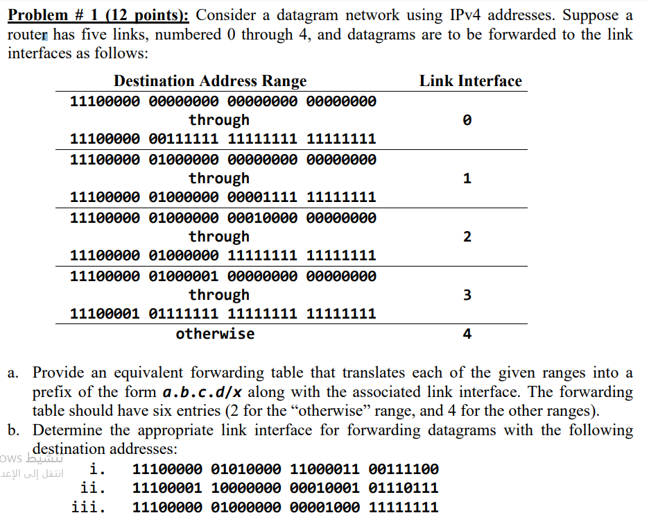  Problem # 1 012 points): Consider a datagram network using IPv4