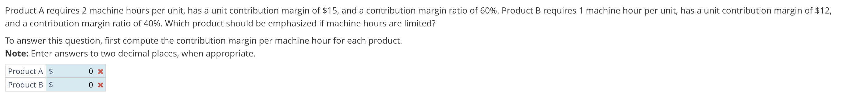 B requires 1 machine hour per unit, has a unit contribution margin