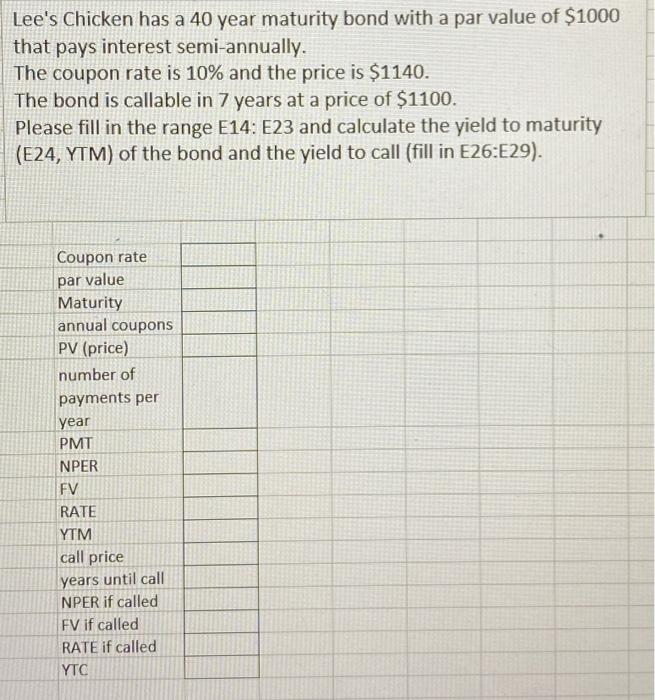  Lee's Chicken has a 40 year maturity bond with a par
