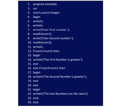cmpare to scheme 1. program example; 2. var 3. num1, num2:integer; 4.