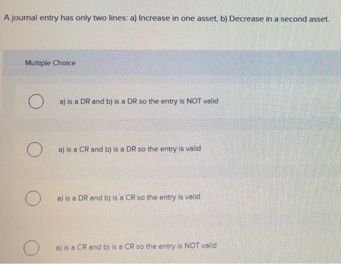  A journal entry has only two lines: a) Increase in one