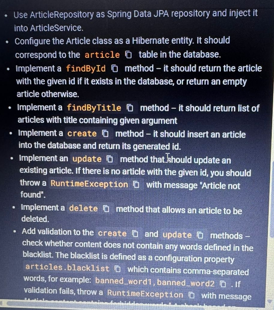  Use ArticleRepository as Spring Data JPA repository and inject it into